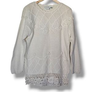 Vintage Y2K Shenanigans Sweater Chunky Knit Size M White Crochet Cottagecore